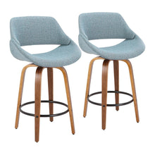 Walnut and Blue Noise Fabric Counter Stools, Mid-Century Modern Style, Set of 2