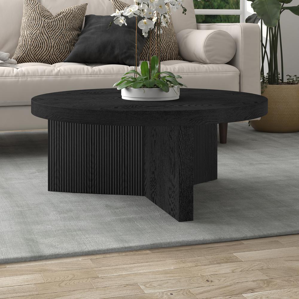 Holm 36" Wide Round Coffee Table in Black Grain