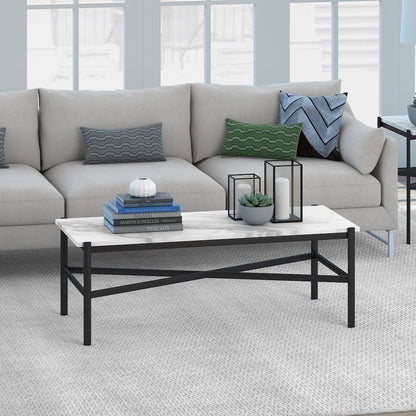 46" Rectangular Coffee Table with Faux Marble Top, Black