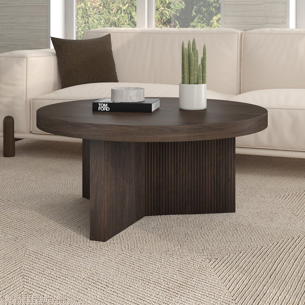 Holm 32" Wide Round Coffee Table in Alder Brown