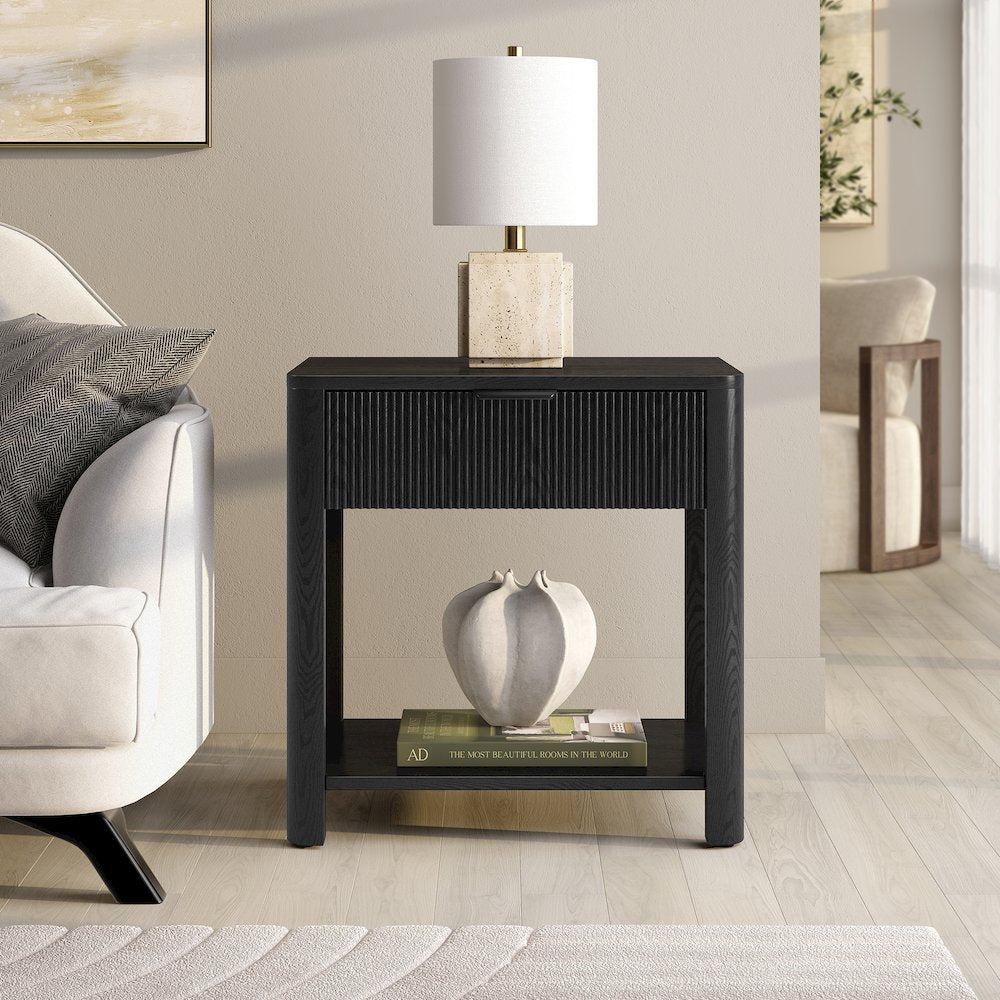 Henn&Hart 24" Fluted Modern Wooden Rectangular Nightstand, Side Table with a