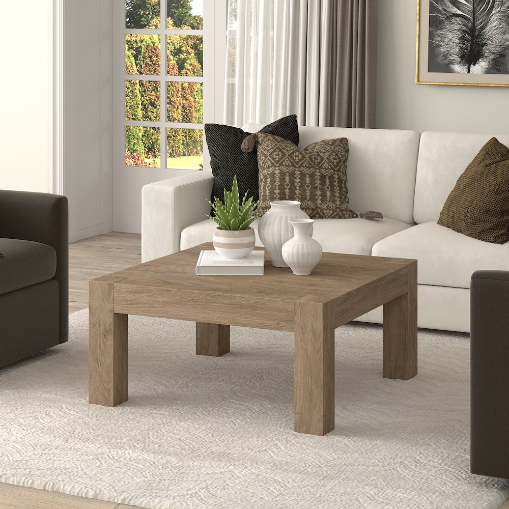 34" Square Coffee Table with Wood Top, Weathered Gray