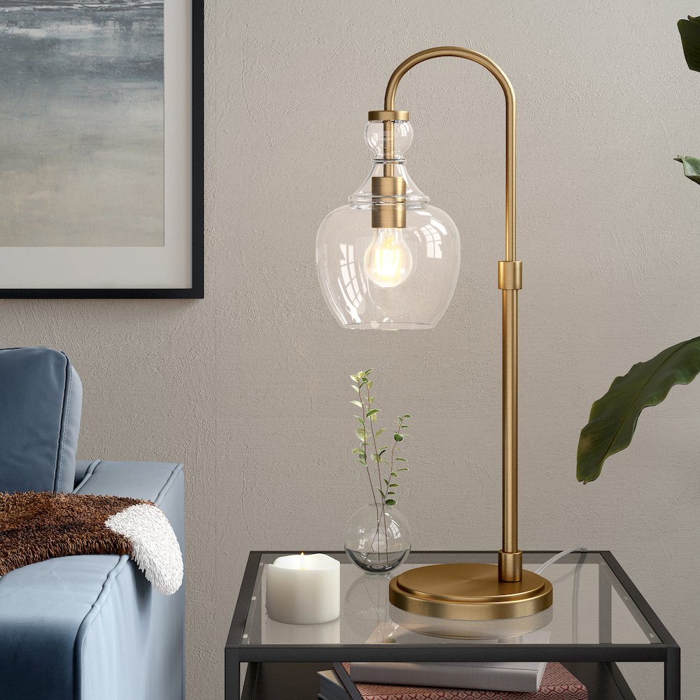 27" Mid-Century 1-Light Table Lamp with Clear Glass Dome Shade, Brushed Gold