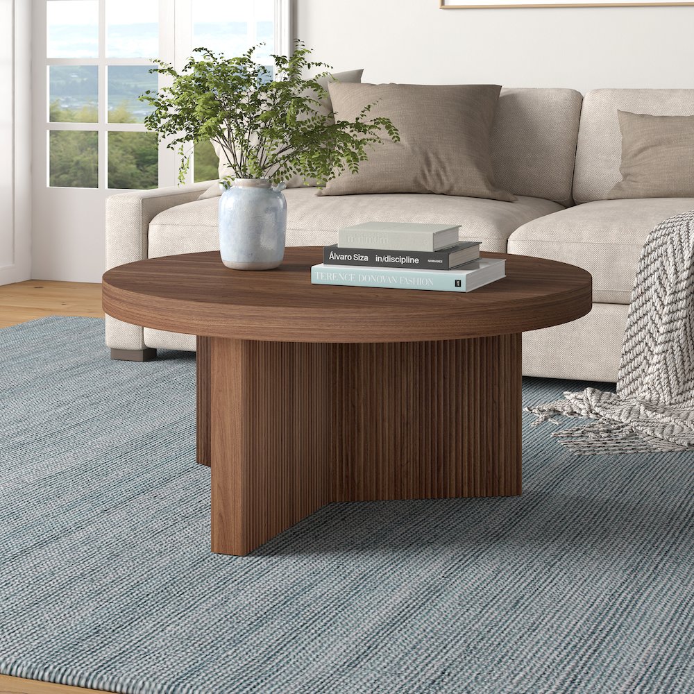 Holm 32" Wide Round Coffee Table in Satin Walnut