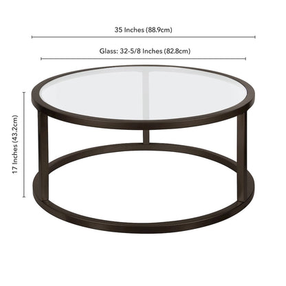 35" Round Coffee Table with Glass Top, Black