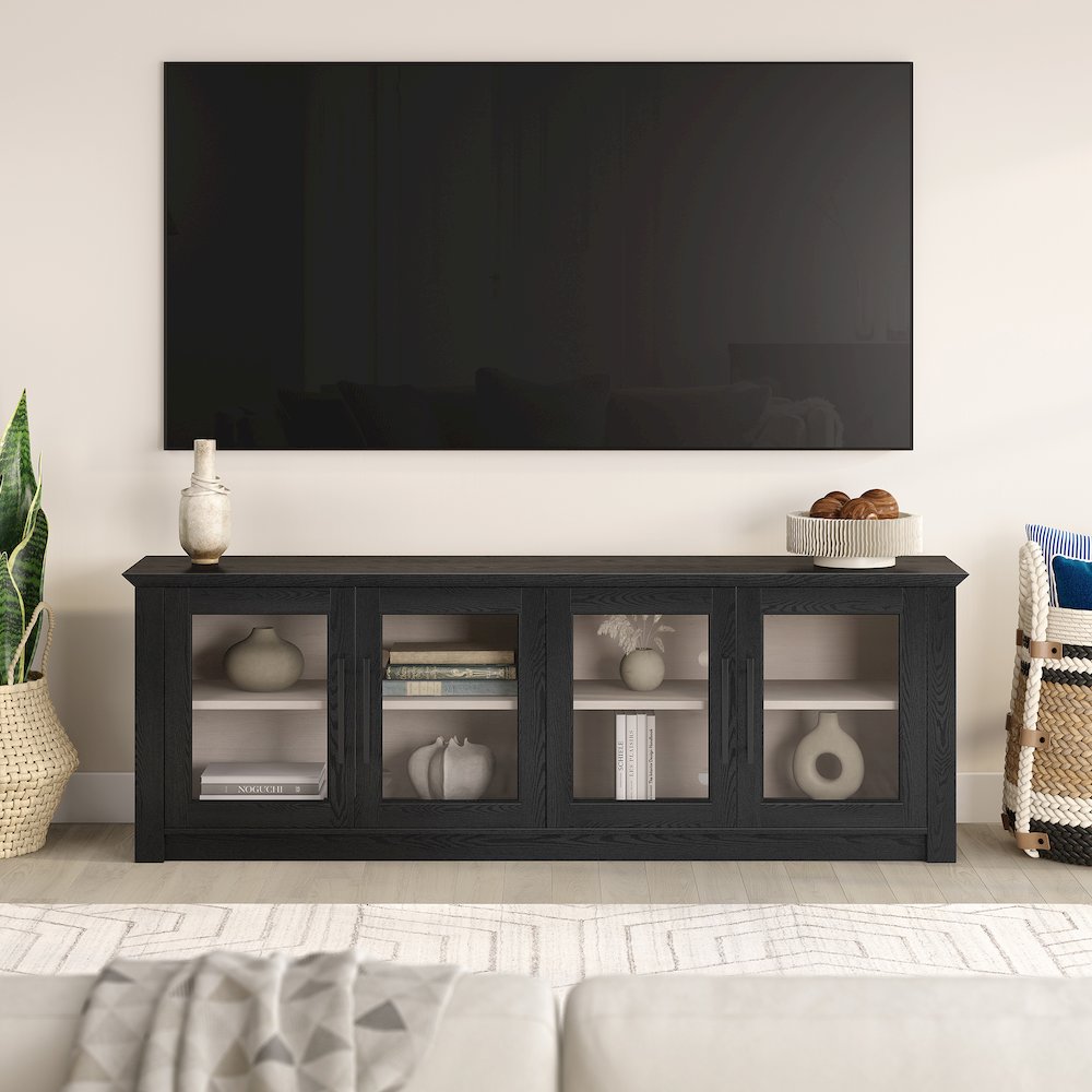 Rectangular TV Stand for TV's up to 78" with Glass Doors in Black Grain