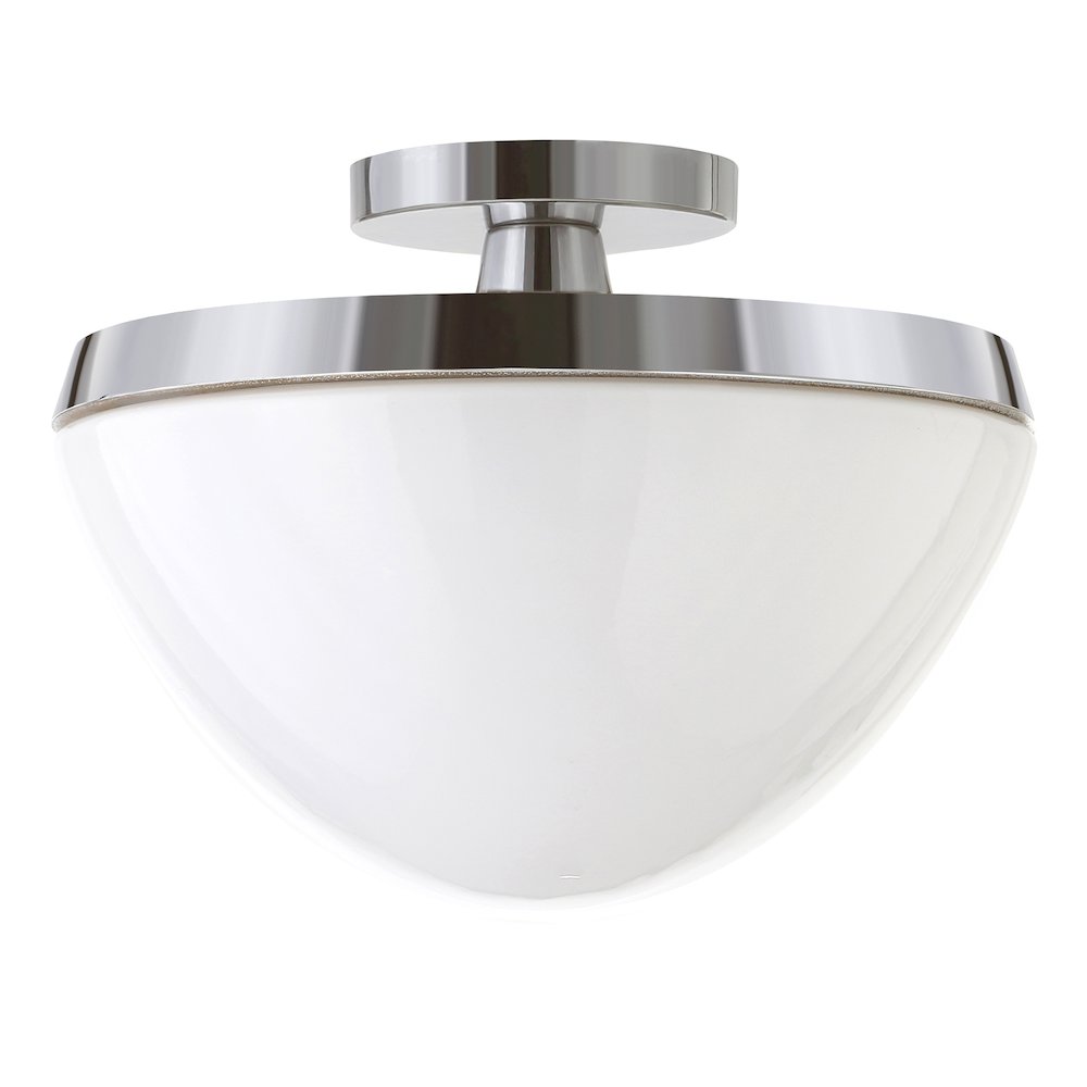 12" Semi-Flush Mount Ceiling Fixture with White Glass Shade, Polished Silver