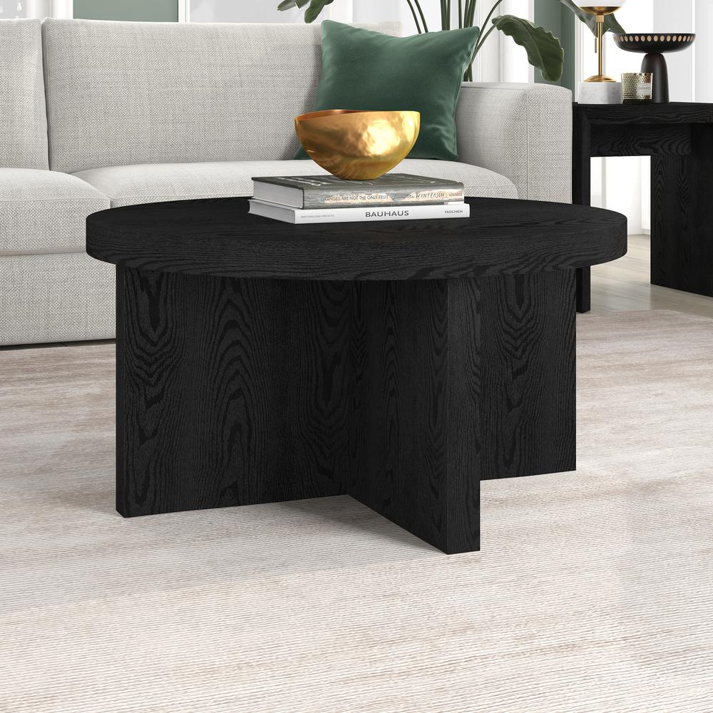 Elna 33" Wide Round Coffee Table in Black Grain