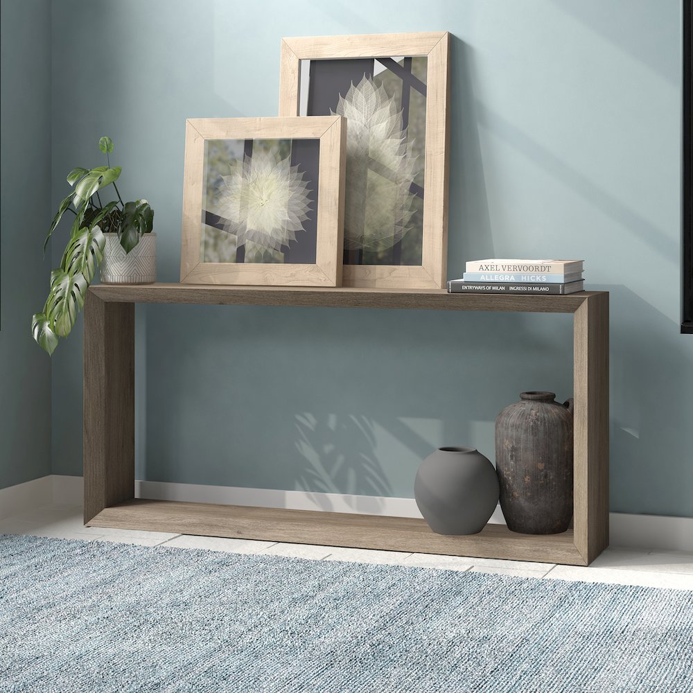 Osmond 64" Wide Rectangular Console Table in Antiqued Gray Oak