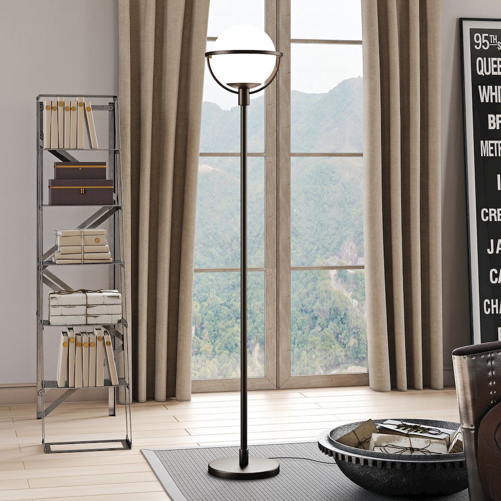 68" Glam 1-Light Floor Lamp with White Glass Globe Shade, Black