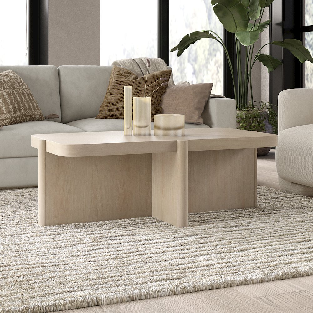 Henn&Hart 45" Rectangular Wooden Coffee Table with Pedestal Base and Rounded