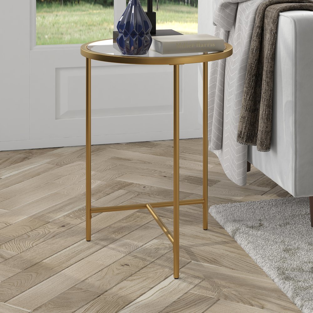 18'' Round Glass End Table Modern Side Table, Night Stand, Soft Brass