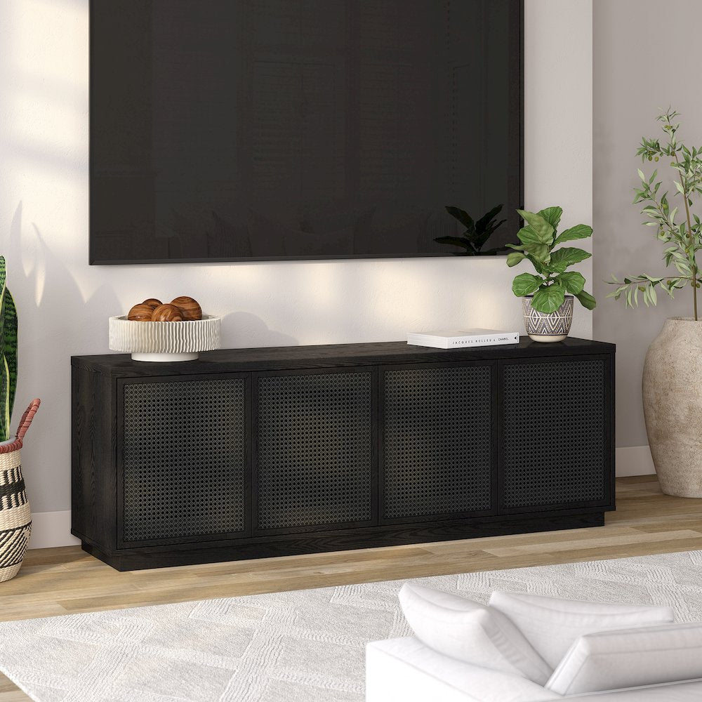 Pryce Rectangular TV Stand for TV's up to 78" in Black Grain/Black Rattan