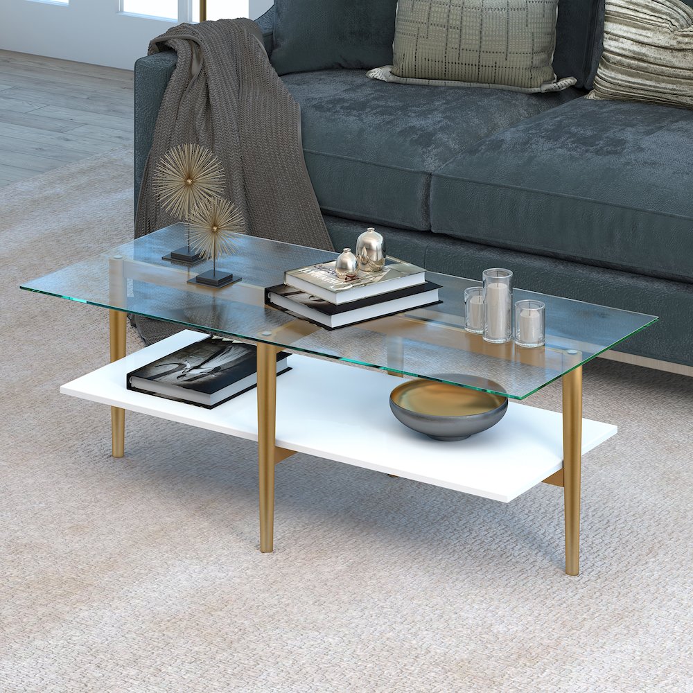 Henn&Hart 47" Rectangular Wood Coffee Table with Glass Top and Wood Open
