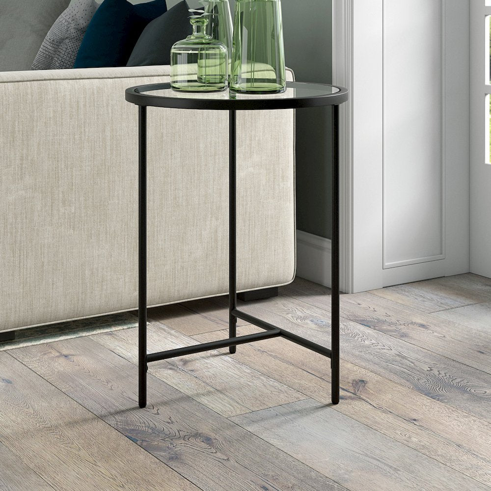 18'' Round Glass End Table Modern Side Table, Night Stand, Black