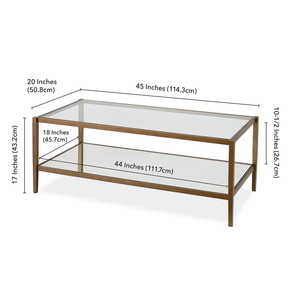 Hera 45'' Wide Rectangular Coffee Table with Glass Shelf in Brass