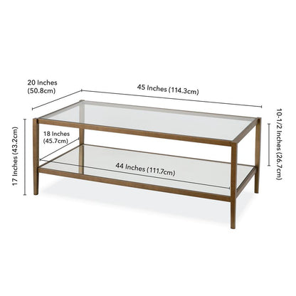Hera 45'' Wide Rectangular Coffee Table with Glass Shelf in Brass
