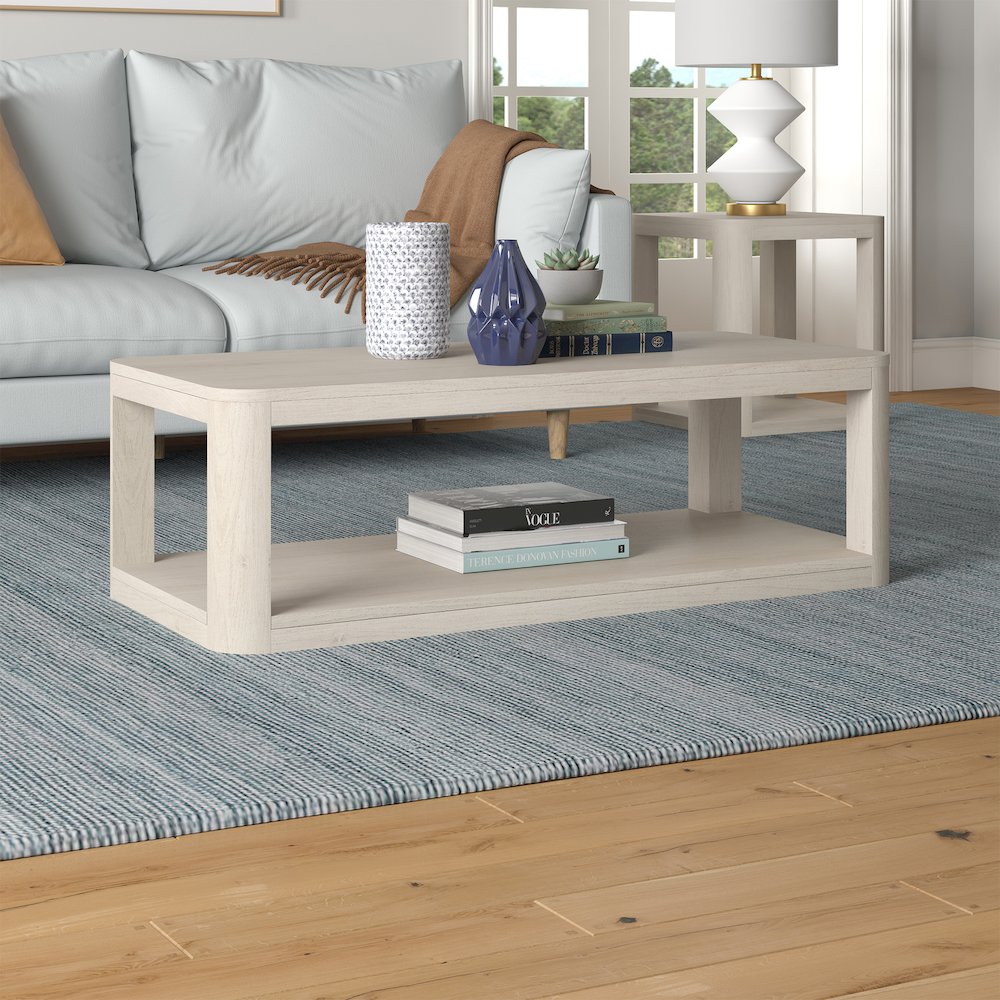Stellan 47" Wide Rectangular Coffee Table in Alder White