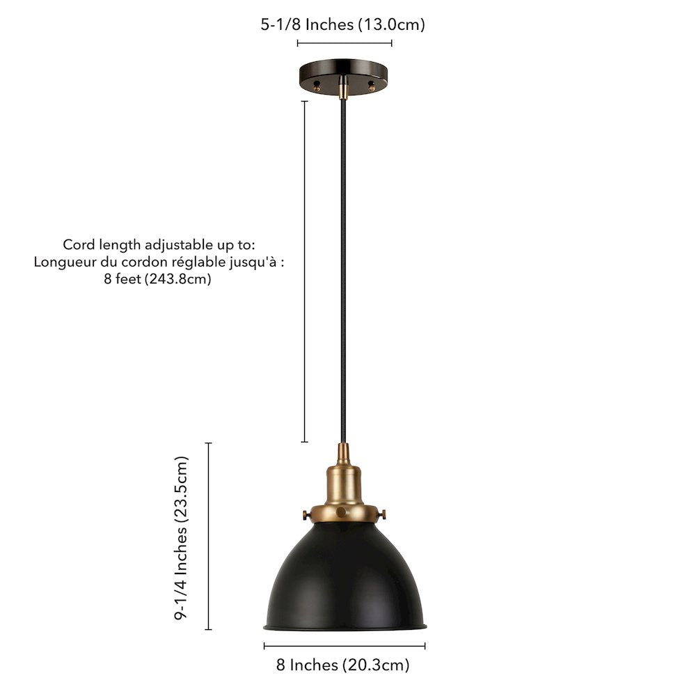 8" Two-Toned Pendant Light Fixture with Black Shade and 8' Cord, Ebony/Gold