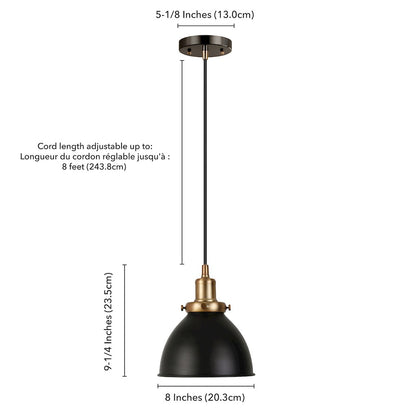 8" Two-Toned Pendant Light Fixture with Black Shade and 8' Cord, Ebony/Gold