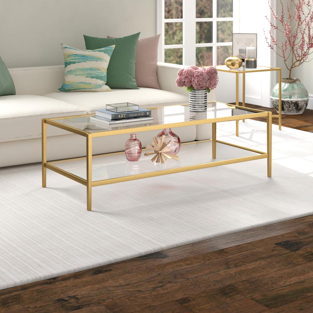 Hera 54'' Wide Rectangular Coffee Table in Antique Brass