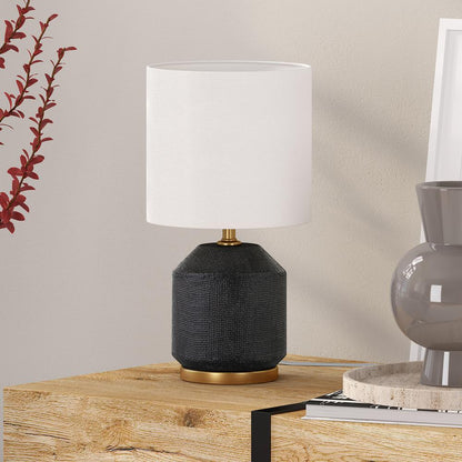 15" Textured Ceramic Mini Lamp with Fabric Shade in Black/Antique Brass/White