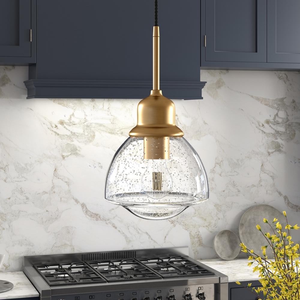 Brooks 8.12" Wide Pendant with Glass Shade in Brass/Seeded
