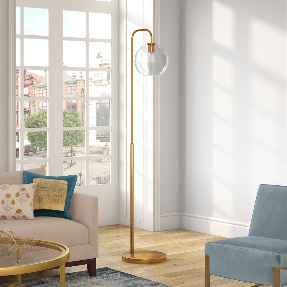 62" Modern 1-Light Floor Lamp with Clear Glass Globe Shade, Gold