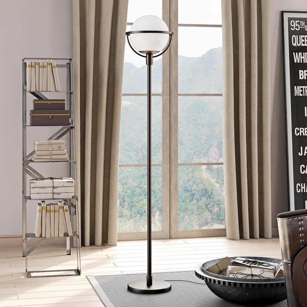 68" Glam 1-Light Floor Lamp with White Glass Globe Shade, Black
