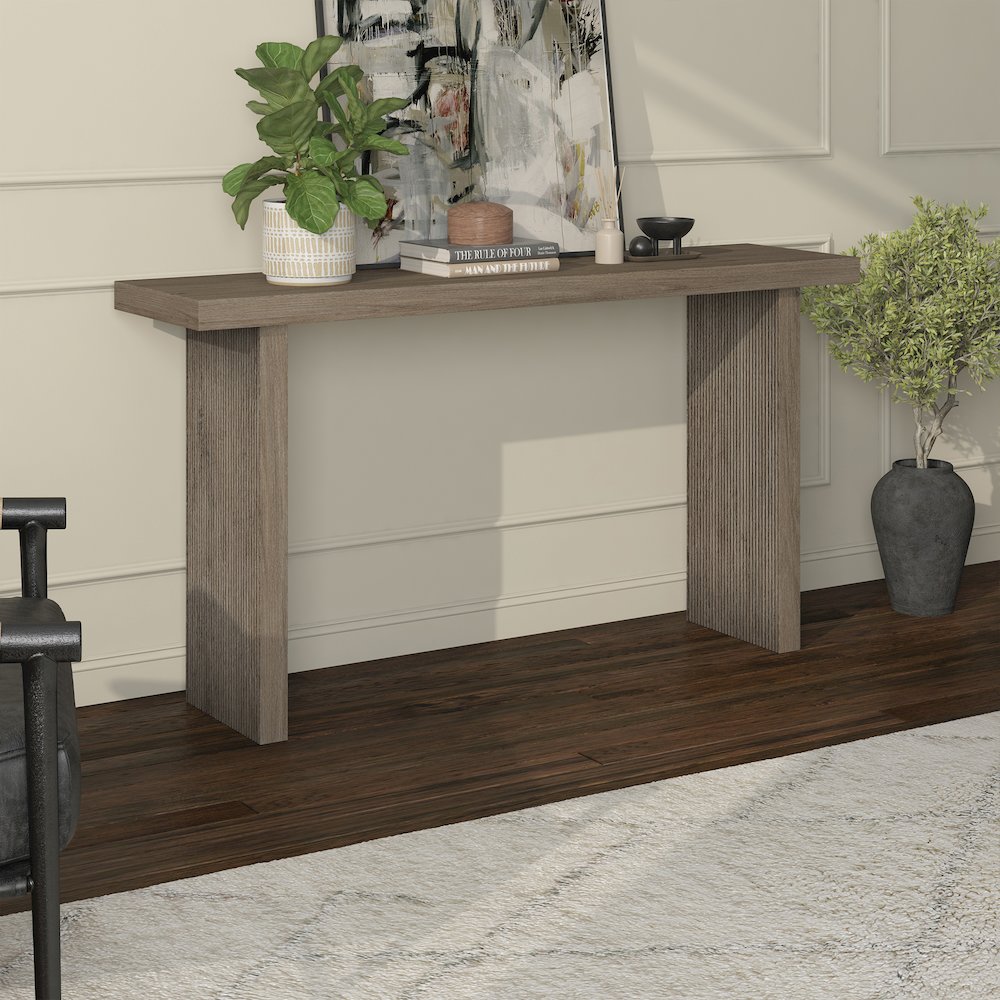 Soren 55" Wide Rectangular Console Table in Antiqued Gray Oak