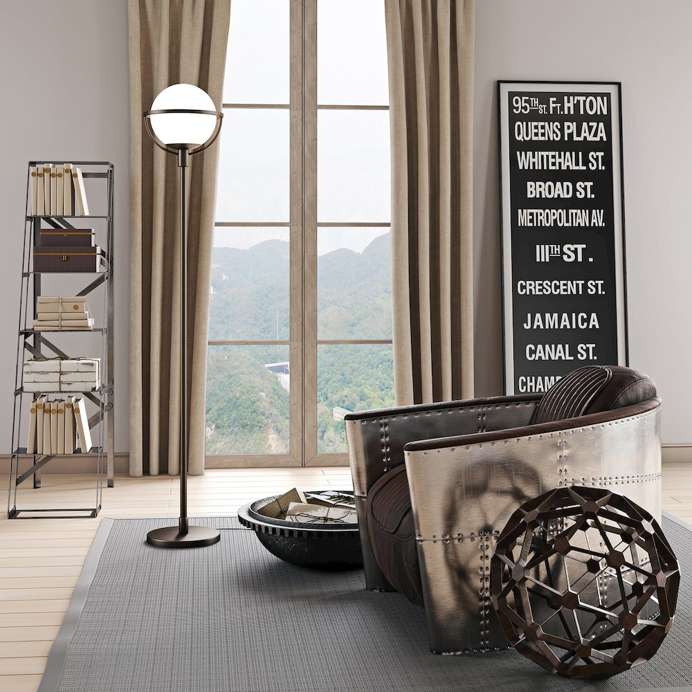 68" Glam 1-Light Floor Lamp with White Glass Globe Shade, Black