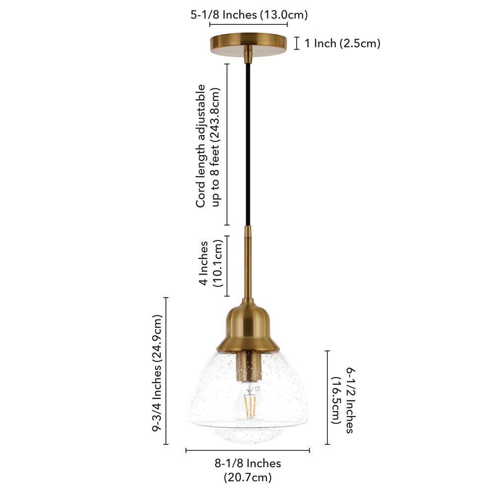 Brooks 8.12" Wide Pendant with Glass Shade in Brass/Seeded