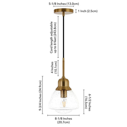 Brooks 8.12" Wide Pendant with Glass Shade in Brass/Seeded