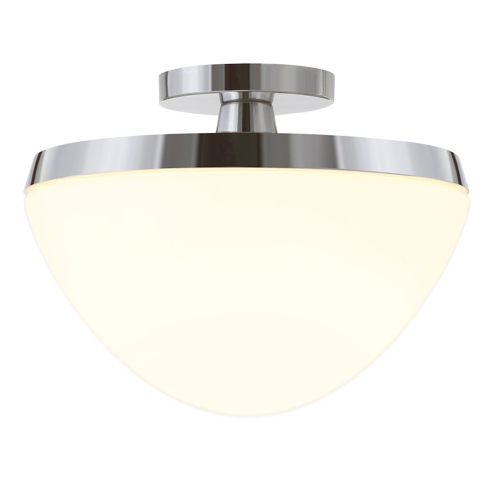 12" Semi-Flush Mount Ceiling Fixture with White Glass Shade, Polished Silver