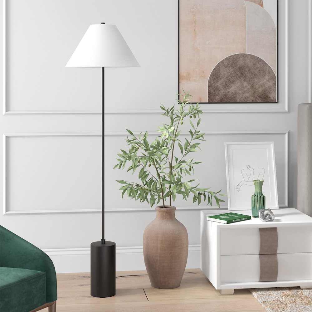Henn&Hart 64" Modern 1-Light Floor Lamp with White Fabric Empire Shade for