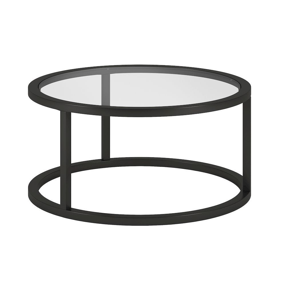 35" Round Coffee Table with Glass Top, Black