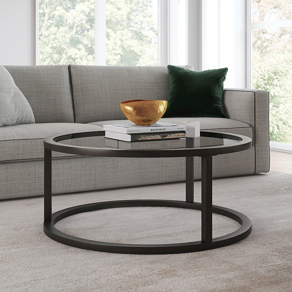 35" Round Coffee Table with Glass Top, Black