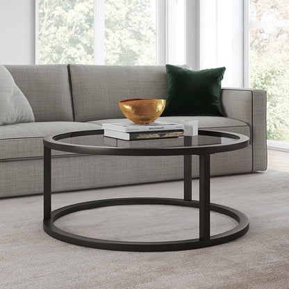 35" Round Coffee Table with Glass Top, Black