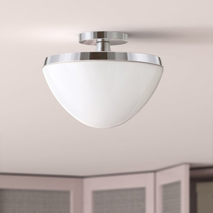 12" Semi-Flush Mount Ceiling Fixture with White Glass Shade, Polished Silver