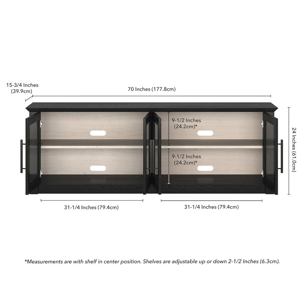 Rectangular TV Stand for TV's up to 78" with Glass Doors in Black Grain