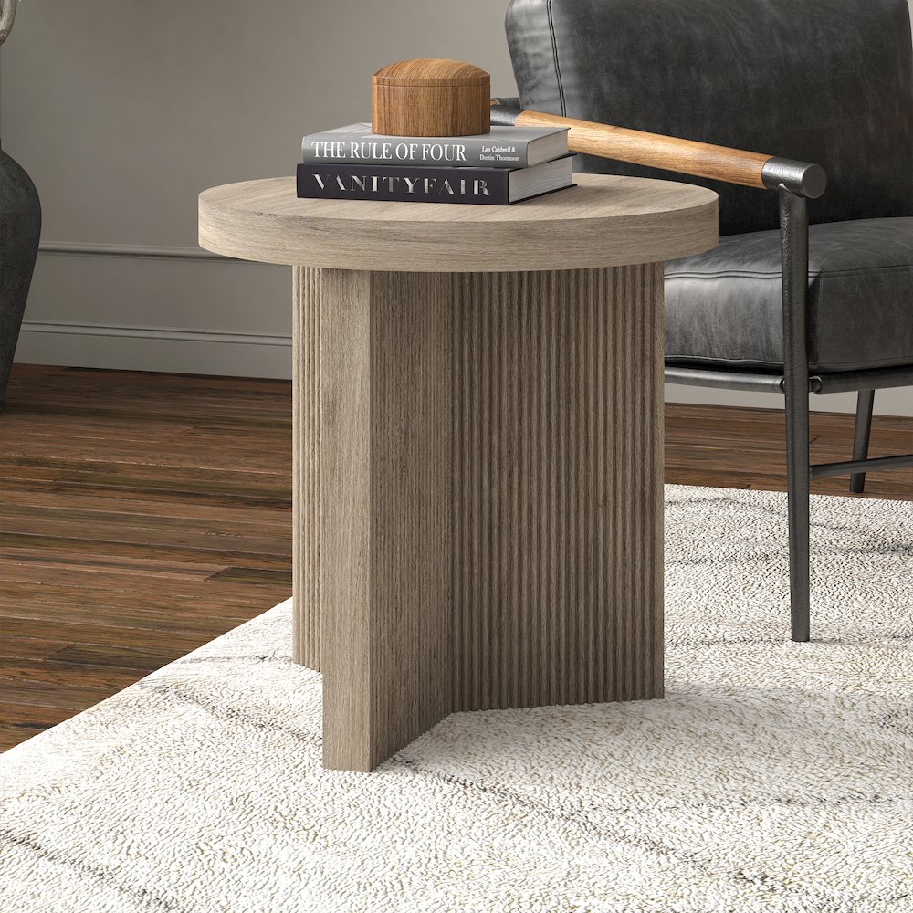 Holm 22" Wide Round Side Table in Antiqued Gray Oak