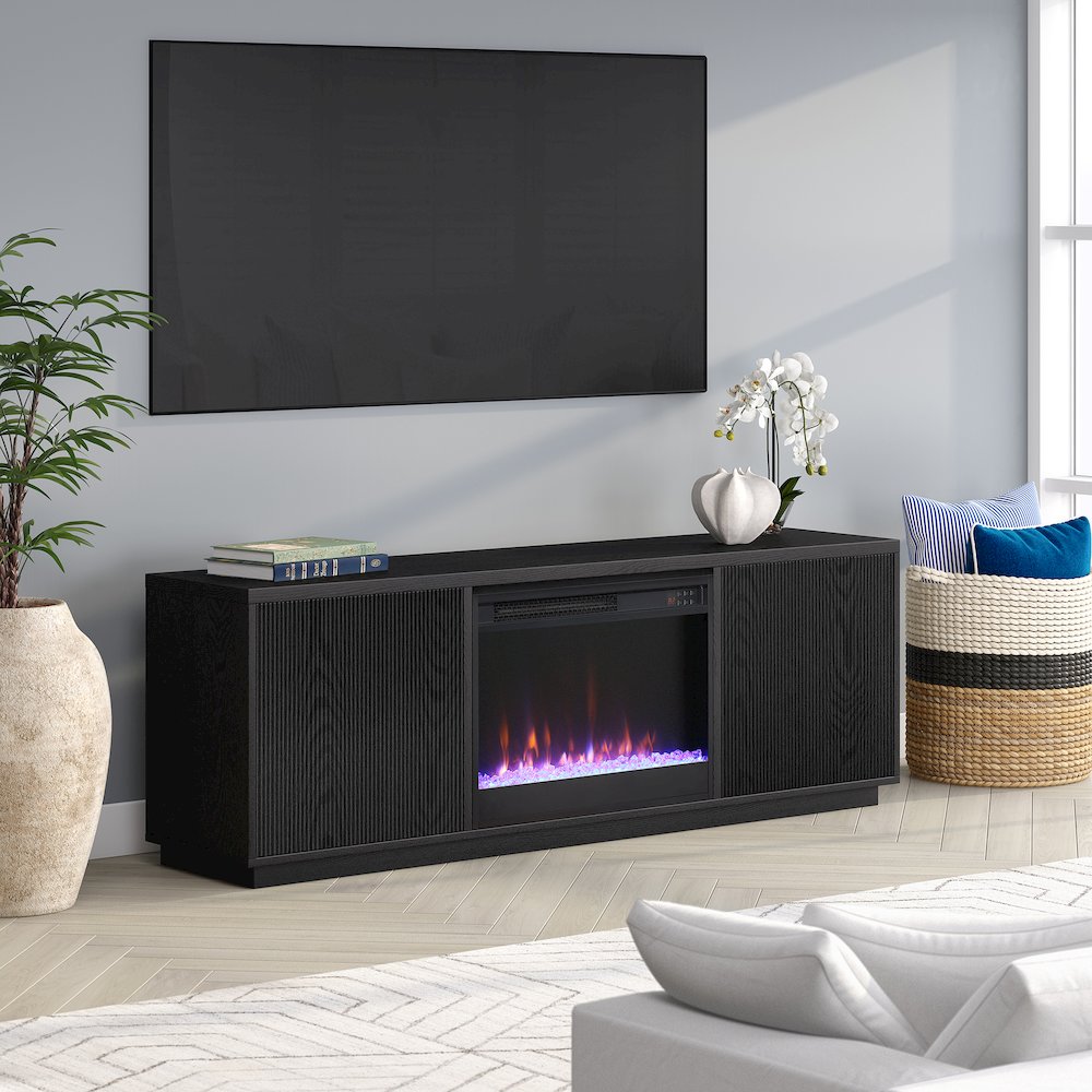 Rectangular TV Stand with 26" Crystal Fireplace for TV's up to 75" Black Grain