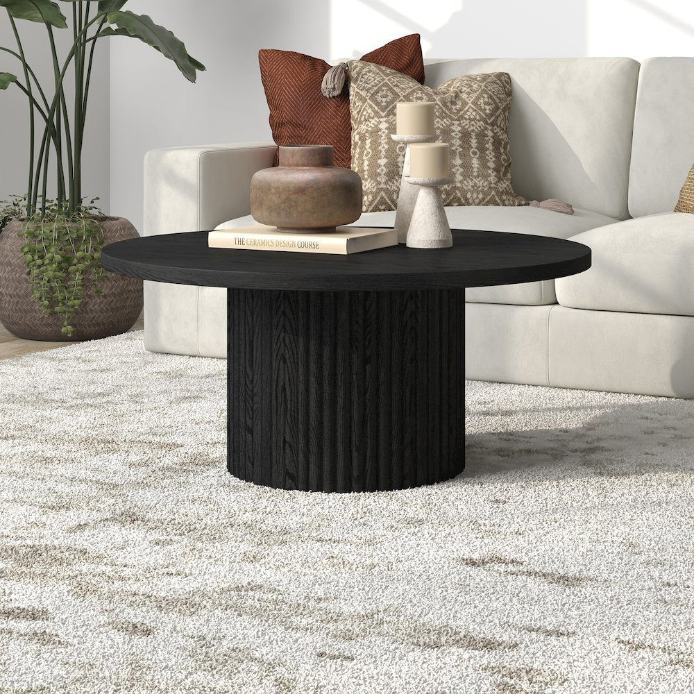 Rollan 32" Wide Round Coffee Table in Black Grain