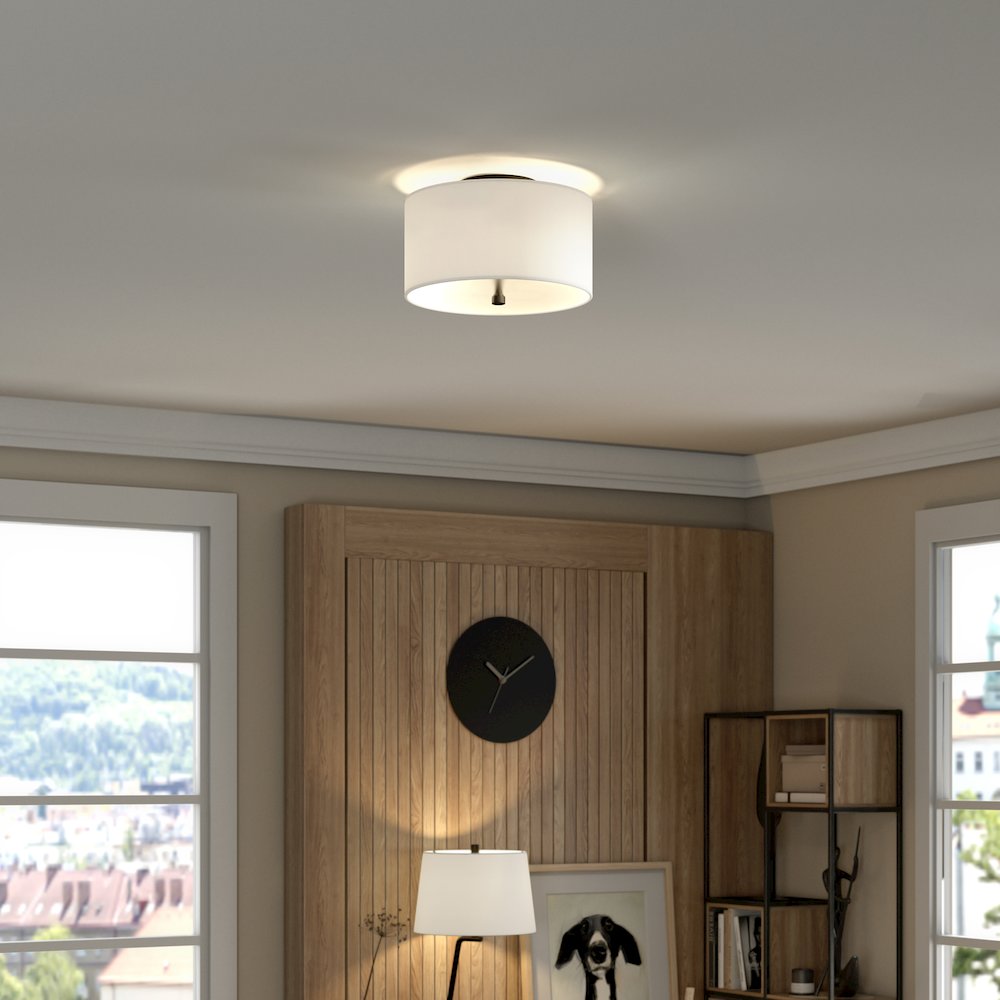 12" 1-Light Flush Mount Ceiling Light Fixture with White Shade, Flat Black