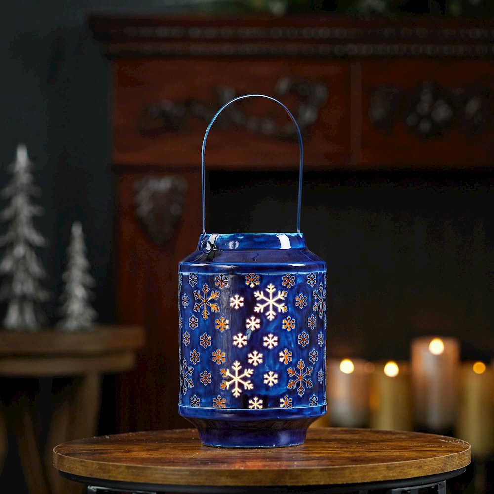 Snowflake Punched Metal Candle Lantern 9.5"H