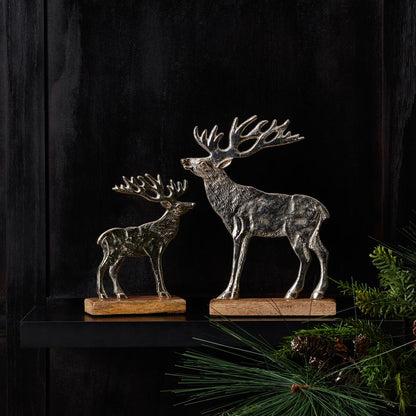 Deer on Base (Set of 2) 7"H, 9.5"H Wood/Aluminum