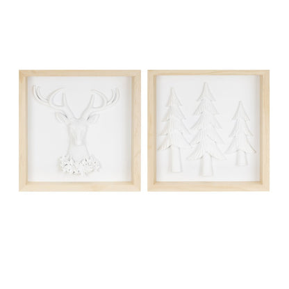 Framed Holiday Deer and Tree Artwork (Set of 2)