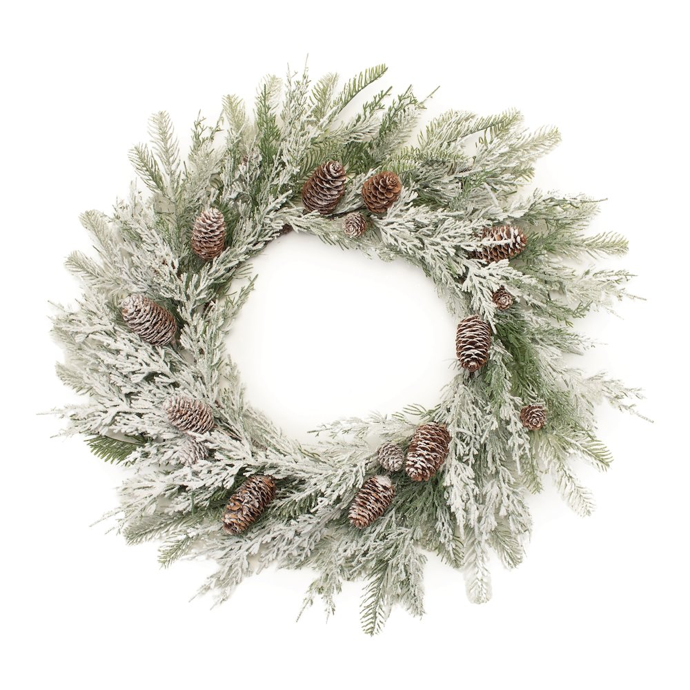 Flocked Mixed Pine and Pinecone Wreath 27"D