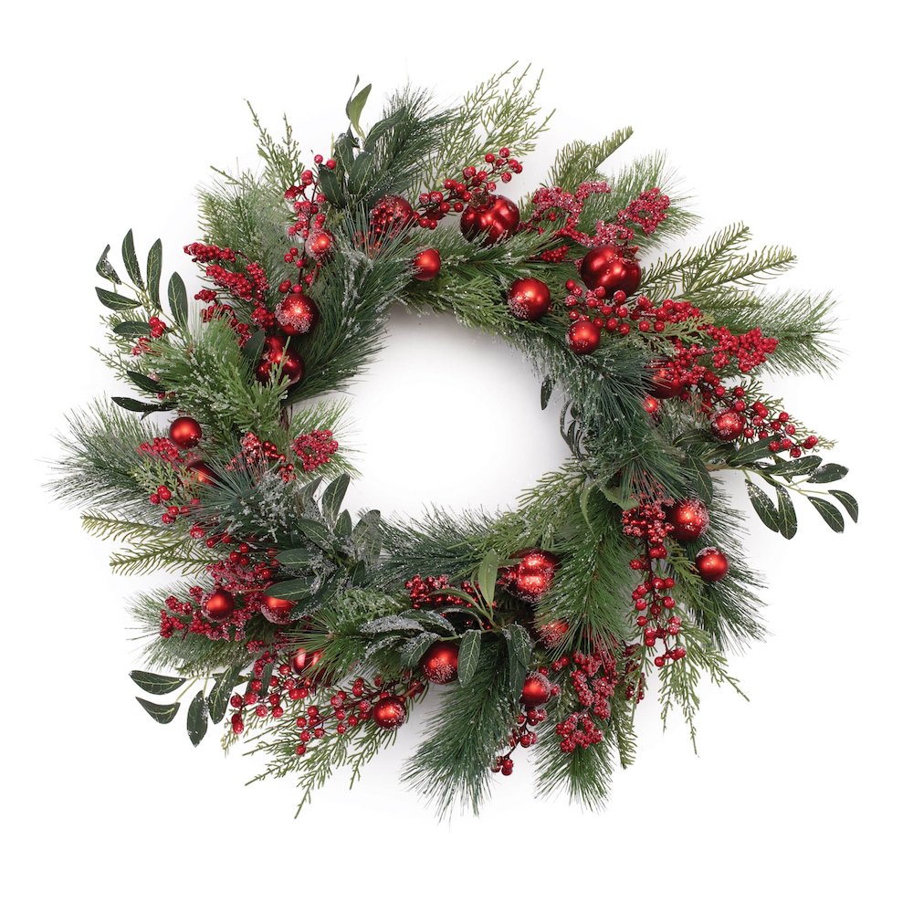Mixed Pine Berry and Ornament Wreath 24"D