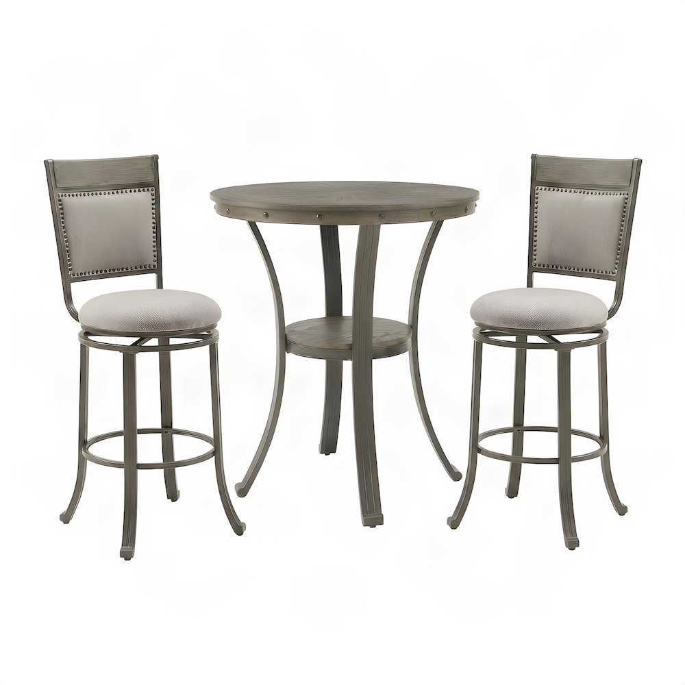 Ash Veneer Bar Table and Swivel Bar Height Stools, Set of 3, Pewter